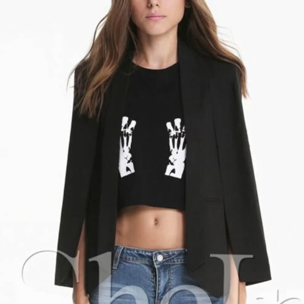 Black Lapel Split Long Sleeve Pockets Blazer